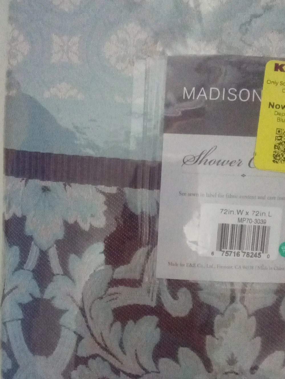 Madison Park Aqua and Brown Damask Shower Curtain NWT $54.99